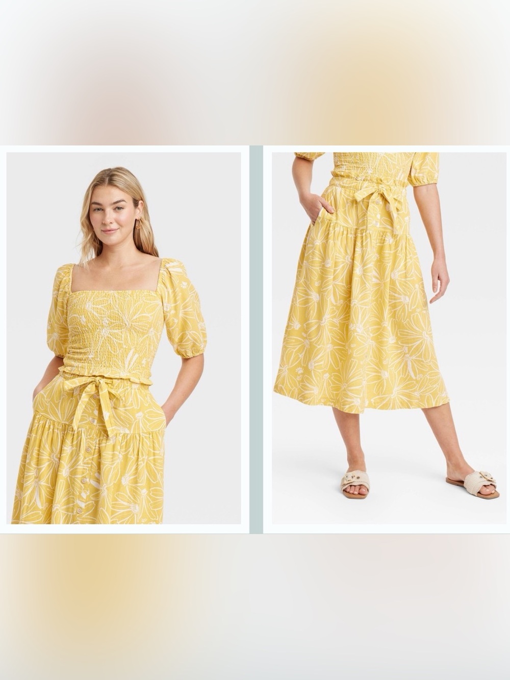 Universal Thread Linen Blend Top Skirt Set Yellow Floral Medium Large Tropical